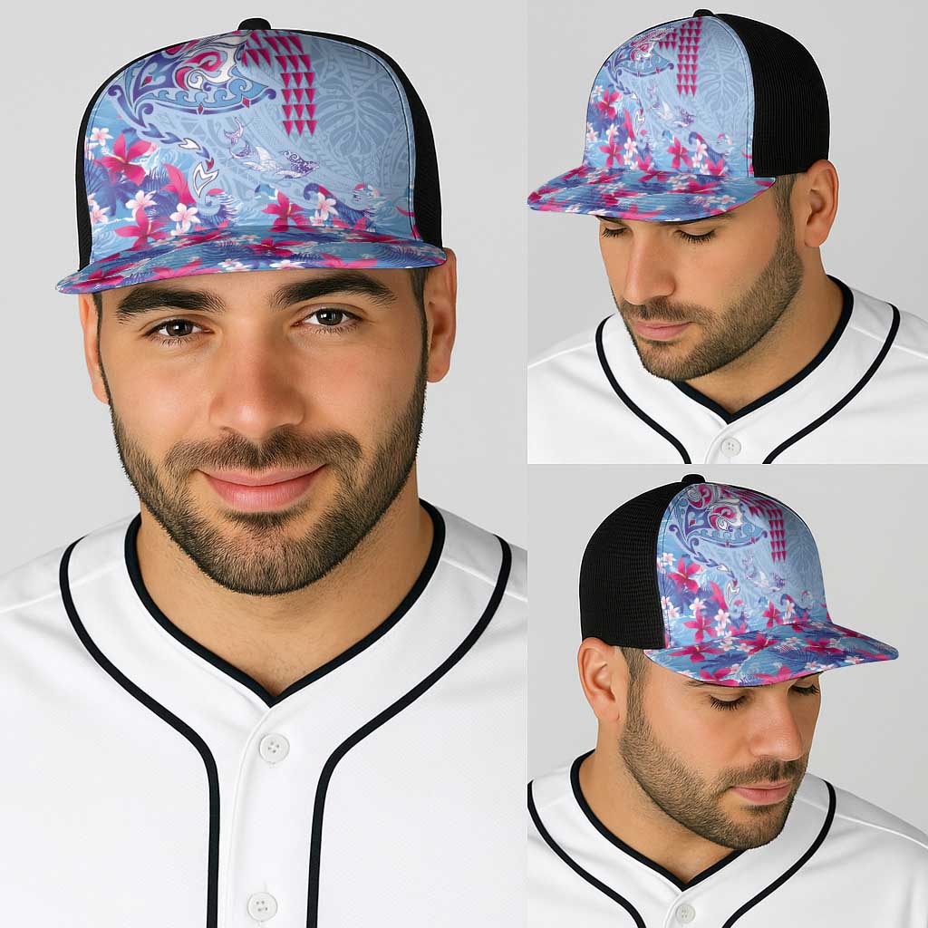 Hawaiian Tribal Manta Ray Baseball Net Cap Kakau Tattoo and Flowers Surfing Waves Pattern Soft Color