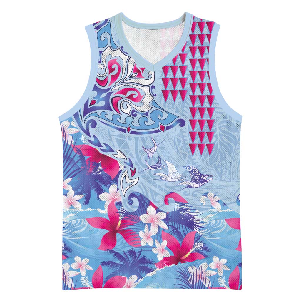 Hawaiian Tribal Manta Ray Basketball Jersey Kakau Tattoo and Flowers Surfing Waves Pattern Soft Color