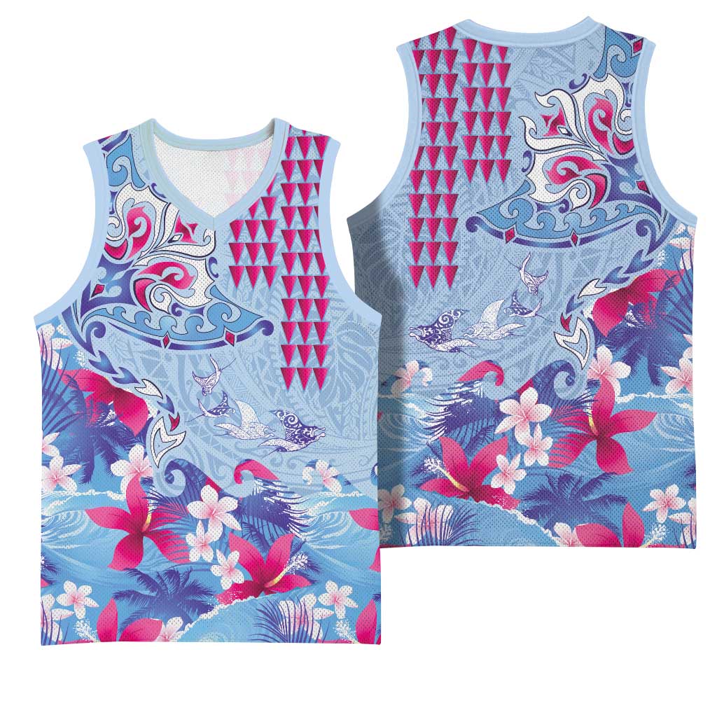 Hawaiian Tribal Manta Ray Basketball Jersey Kakau Tattoo and Flowers Surfing Waves Pattern Soft Color