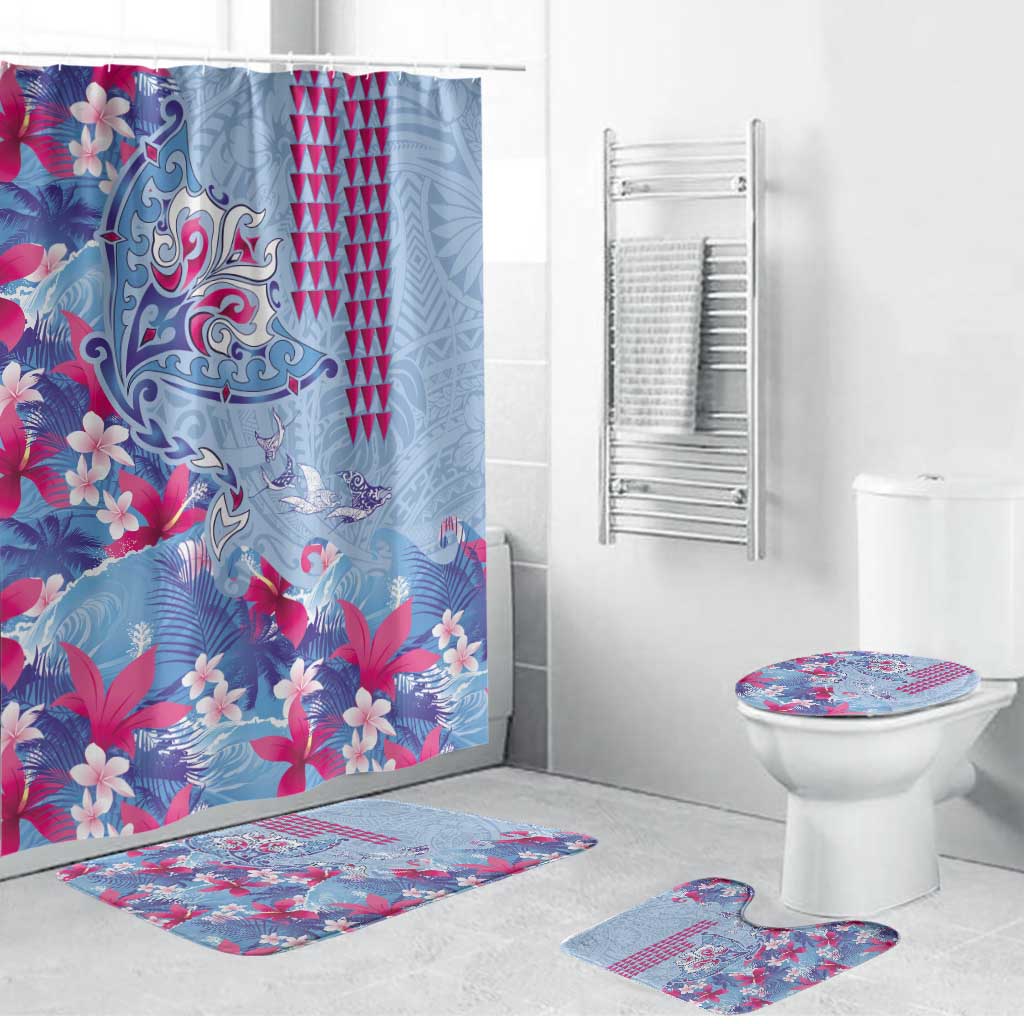 Hawaiian Tribal Manta Ray Bathroom Set Kakau Tattoo and Flowers Surfing Waves Pattern Soft Color