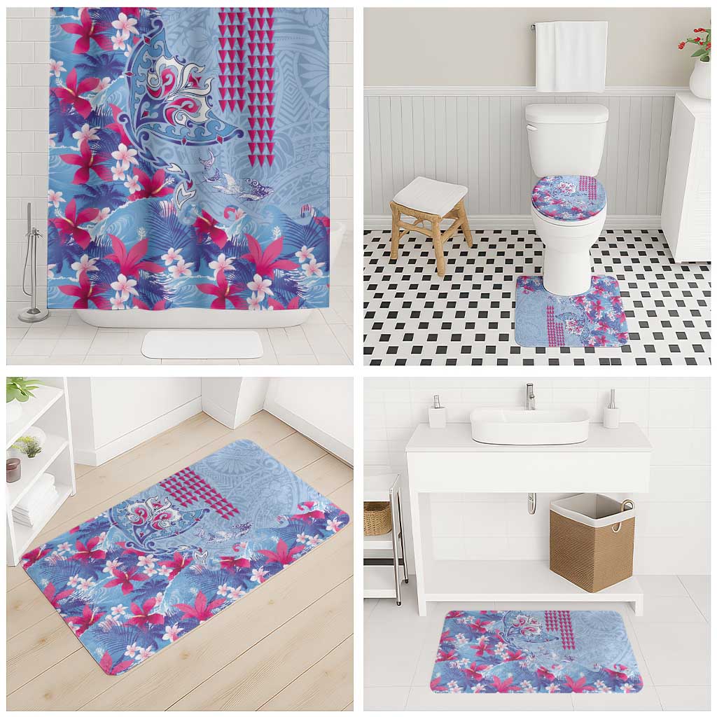 Hawaiian Tribal Manta Ray Bathroom Set Kakau Tattoo and Flowers Surfing Waves Pattern Soft Color