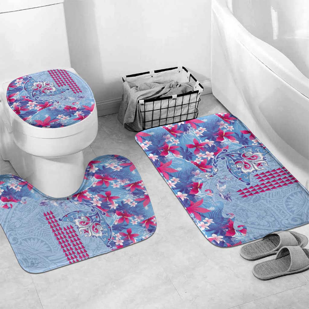Hawaiian Tribal Manta Ray Bathroom Set Kakau Tattoo and Flowers Surfing Waves Pattern Soft Color