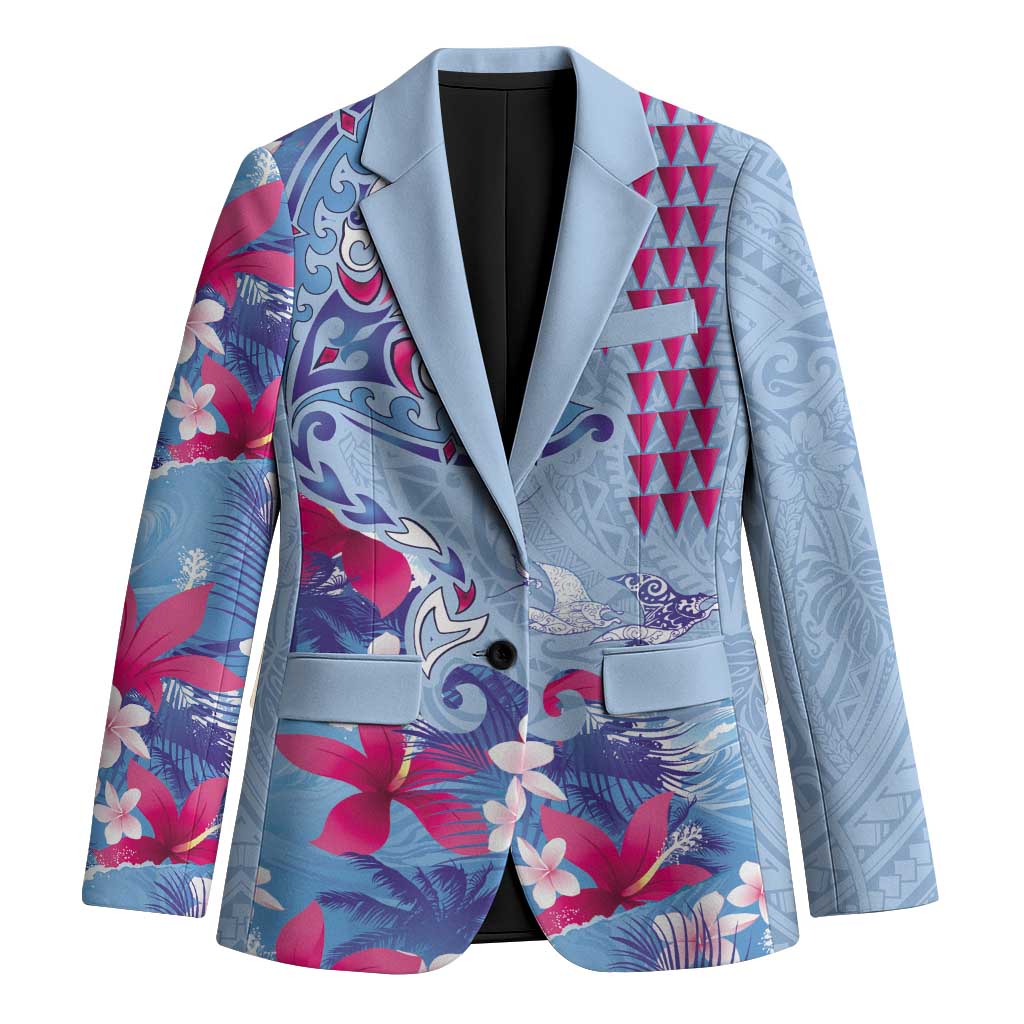 Hawaiian Tribal Manta Ray Blazer Kakau Tattoo and Flowers Surfing Waves Pattern Soft Color