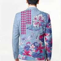 Hawaiian Tribal Manta Ray Blazer Kakau Tattoo and Flowers Surfing Waves Pattern Soft Color