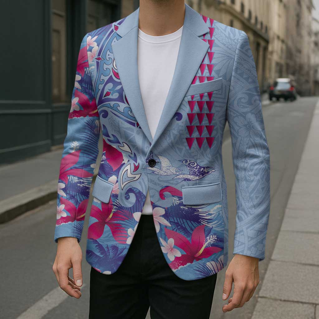 Hawaiian Tribal Manta Ray Blazer Kakau Tattoo and Flowers Surfing Waves Pattern Soft Color