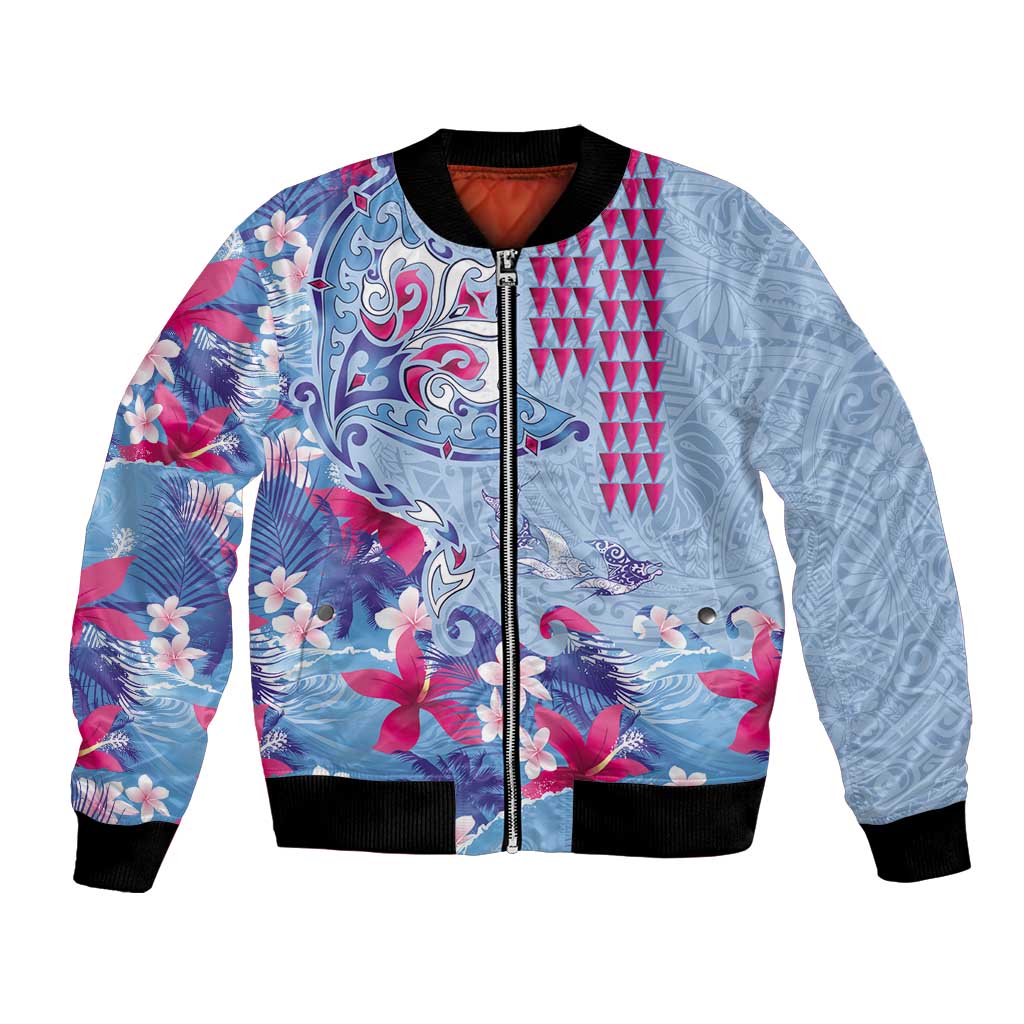 Hawaiian Tribal Manta Ray Bomber Jacket Kakau Tattoo and Flowers Surfing Waves Pattern Soft Color
