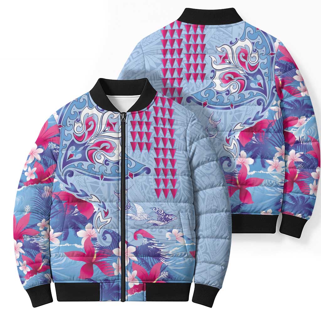 Hawaiian Tribal Manta Ray Bomber Puffer Jacket Kakau Tattoo and Flowers Surfing Waves Pattern Soft Color
