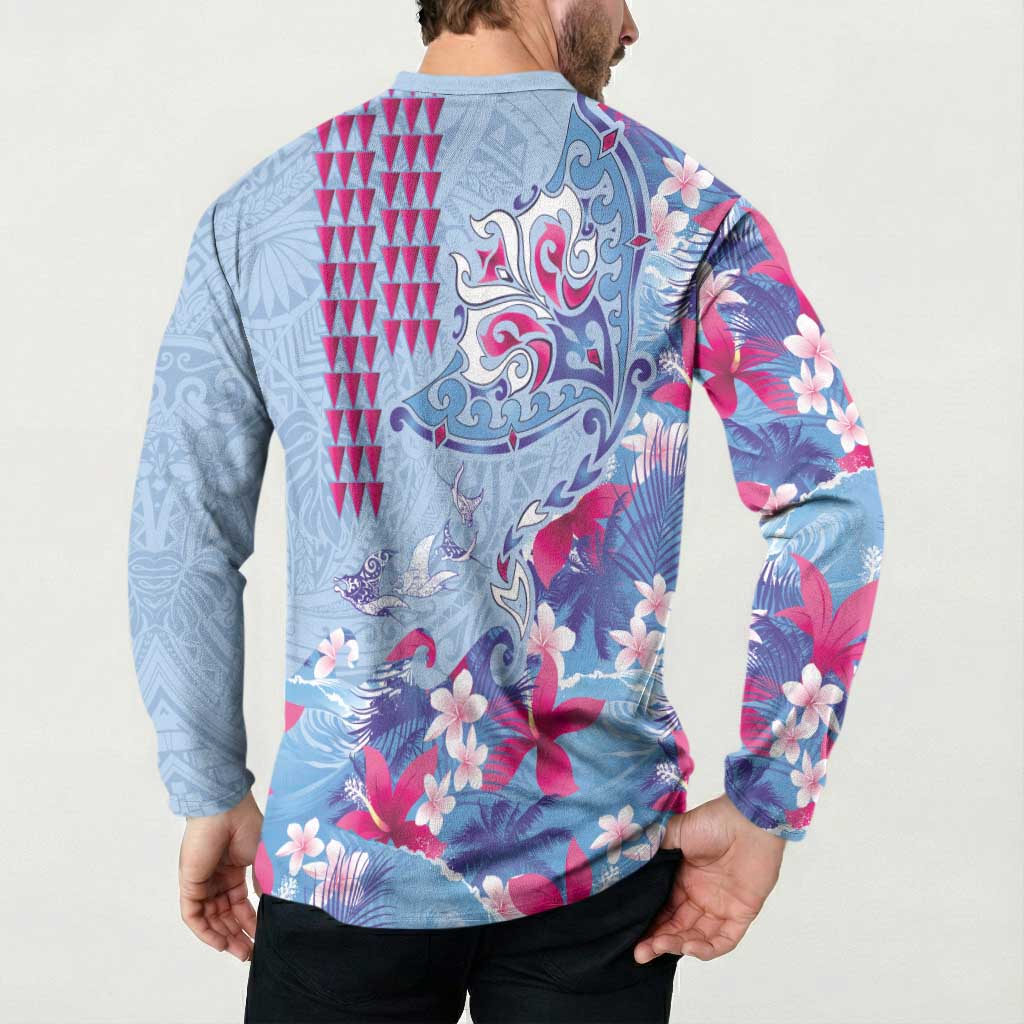 Hawaiian Tribal Manta Ray Button Sweatshirt Kakau Tattoo and Flowers Surfing Waves Pattern Soft Color