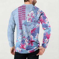 Hawaiian Tribal Manta Ray Button Sweatshirt Kakau Tattoo and Flowers Surfing Waves Pattern Soft Color