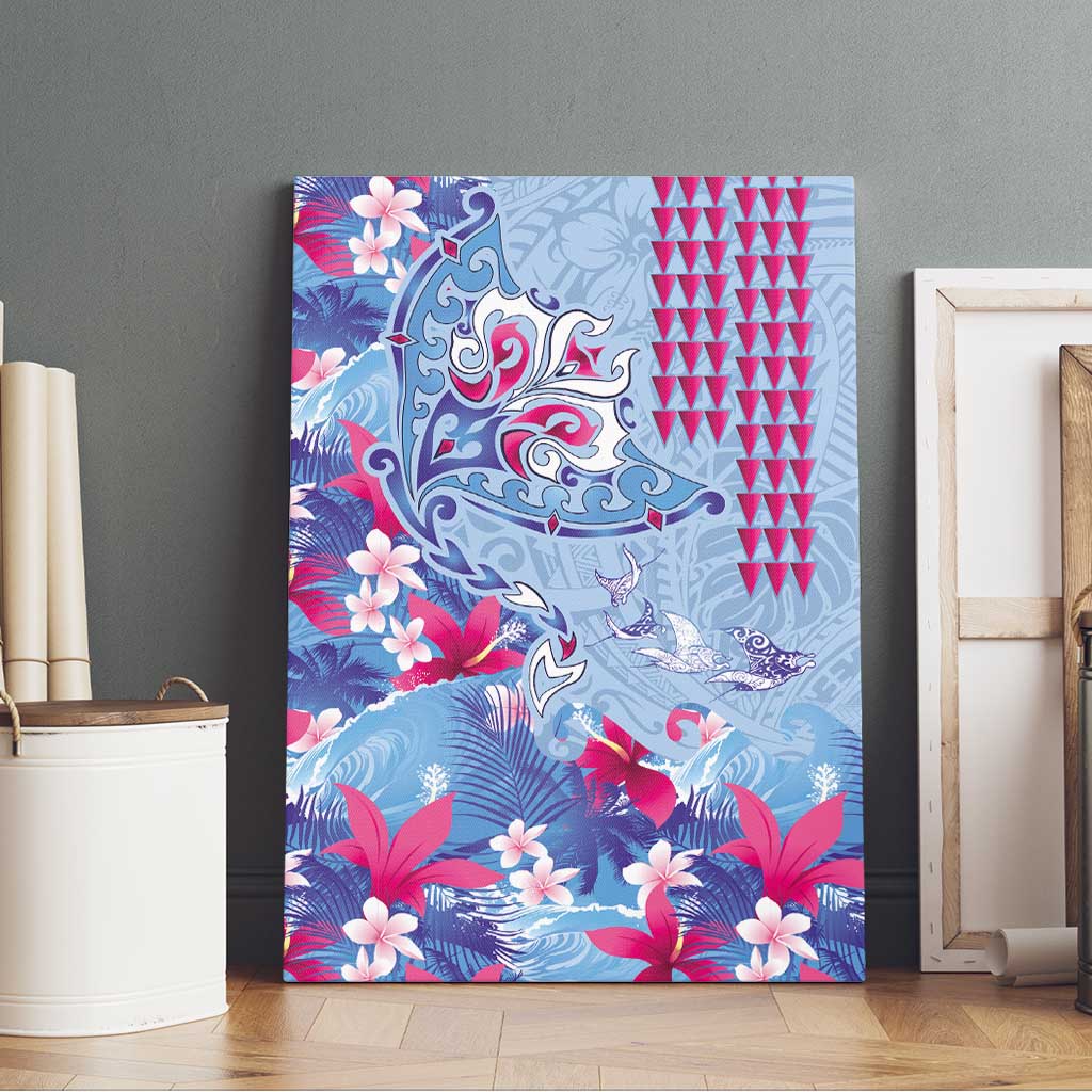 Hawaiian Tribal Manta Ray Canvas Wall Art Kakau Tattoo and Flowers Surfing Waves Pattern Soft Color