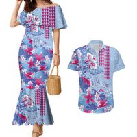 Hawaiian Tribal Manta Ray Couples Matching Mermaid Dress and Hawaiian Shirt Kakau Tattoo and Flowers Surfing Waves Pattern Soft Color LT03 Multicolor - Polynesian Pride
