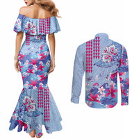 Hawaiian Tribal Manta Ray Couples Matching Mermaid Dress and Long Sleeve Button Shirt Kakau Tattoo and Flowers Surfing Waves Pattern Soft Color LT03 - Polynesian Pride