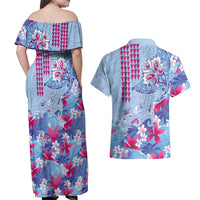Hawaiian Tribal Manta Ray Couples Matching Off Shoulder Maxi Dress and Hawaiian Shirt Kakau Tattoo and Flowers Surfing Waves Pattern Soft Color LT03 - Polynesian Pride