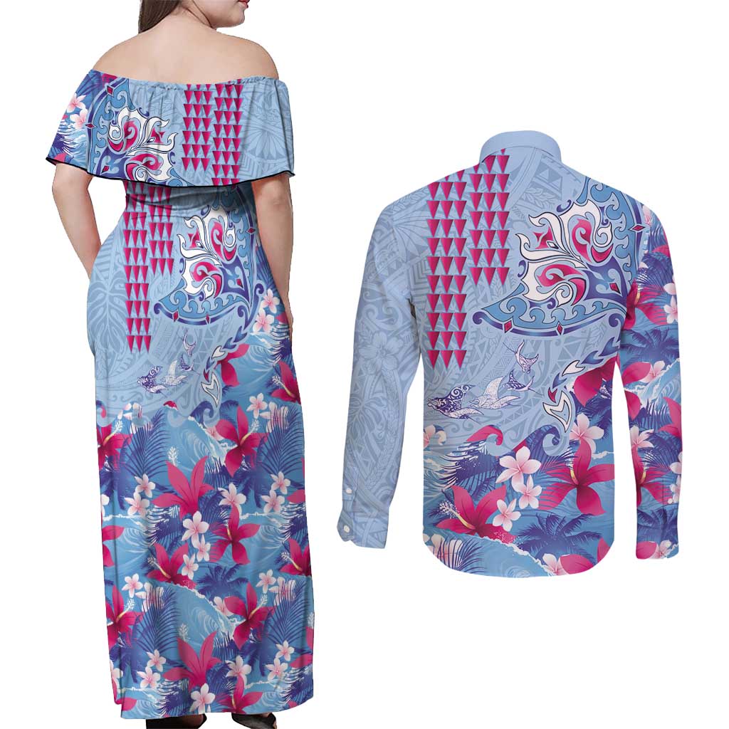 Hawaiian Tribal Manta Ray Couples Matching Off Shoulder Maxi Dress and Long Sleeve Button Shirt Kakau Tattoo and Flowers Surfing Waves Pattern Soft Color LT03 - Polynesian Pride