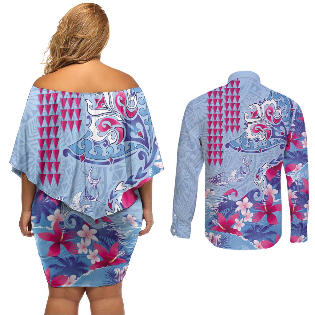 Hawaiian Tribal Manta Ray Couples Matching Off Shoulder Short Dress and Long Sleeve Button Shirt Kakau Tattoo and Flowers Surfing Waves Pattern Soft Color LT03 - Polynesian Pride