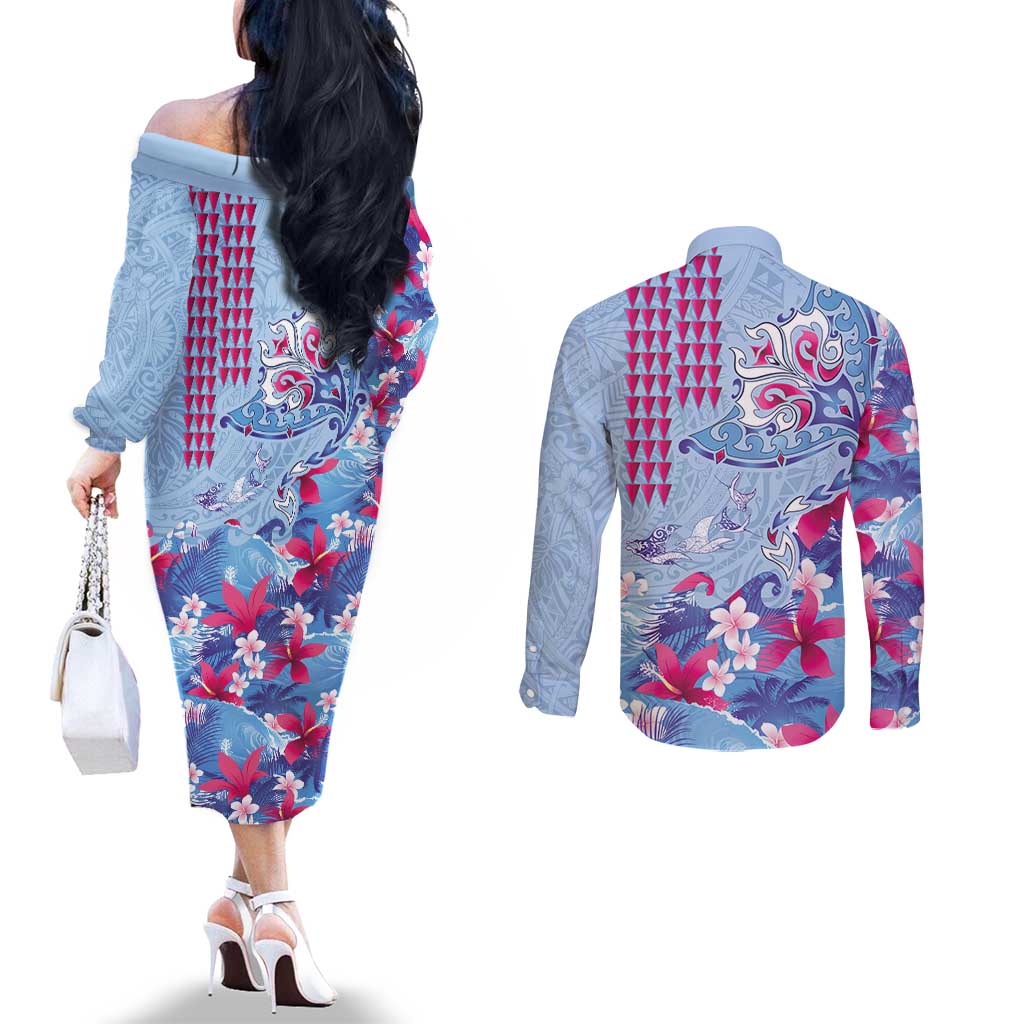 Hawaiian Tribal Manta Ray Couples Matching Off The Shoulder Long Sleeve Dress and Long Sleeve Button Shirt Kakau Tattoo and Flowers Surfing Waves Pattern Soft Color LT03 - Polynesian Pride
