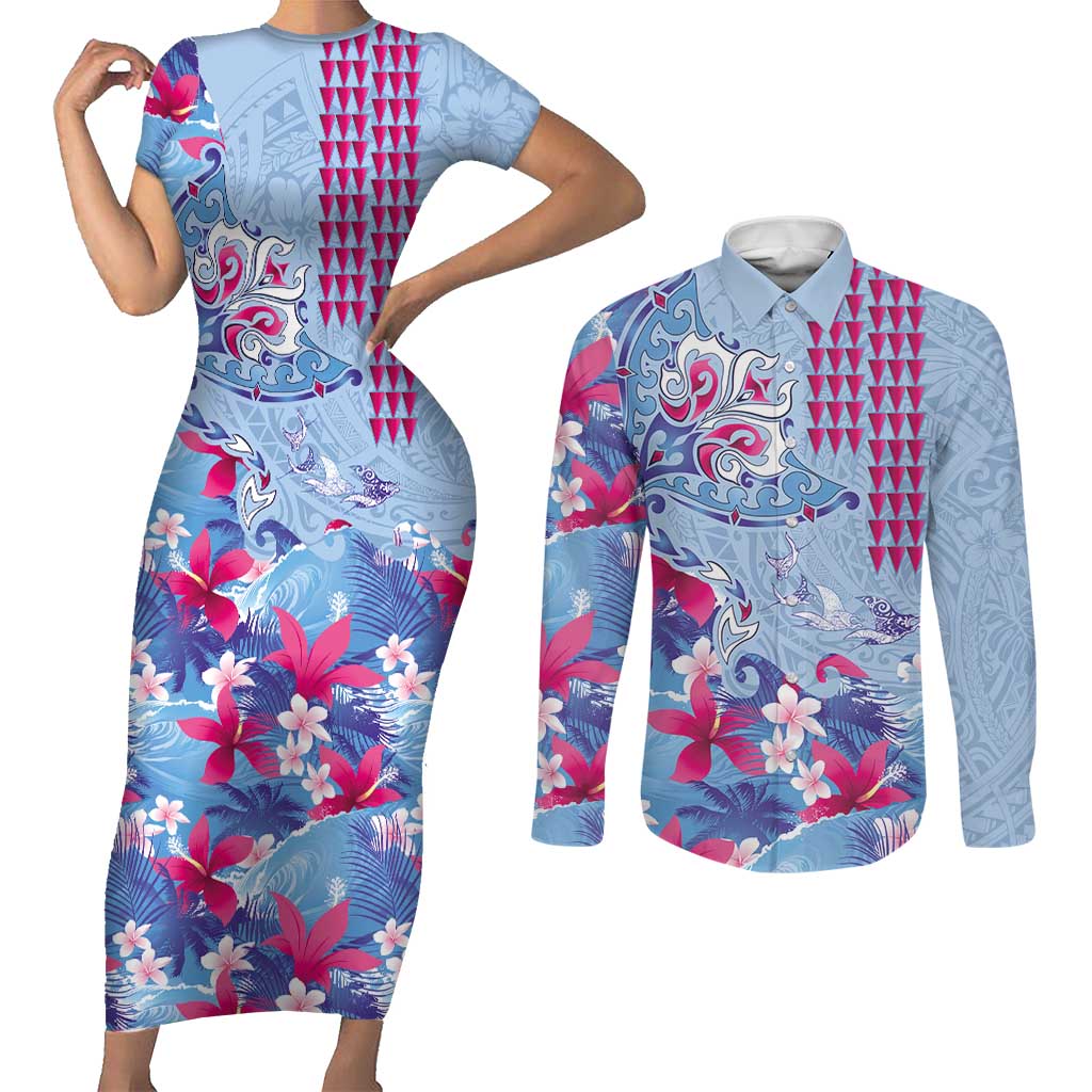 Hawaiian Tribal Manta Ray Couples Matching Short Sleeve Bodycon Dress and Long Sleeve Button Shirt Kakau Tattoo and Flowers Surfing Waves Pattern Soft Color LT03 Multicolor - Polynesian Pride