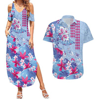 Hawaiian Tribal Manta Ray Couples Matching Summer Maxi Dress and Hawaiian Shirt Kakau Tattoo and Flowers Surfing Waves Pattern Soft Color LT03 Multicolor - Polynesian Pride