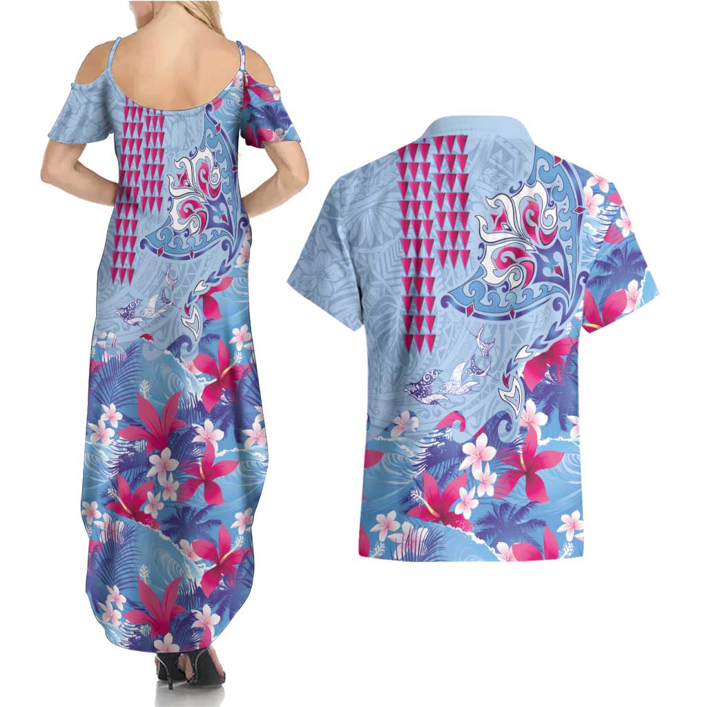 Hawaiian Tribal Manta Ray Couples Matching Summer Maxi Dress and Hawaiian Shirt Kakau Tattoo and Flowers Surfing Waves Pattern Soft Color LT03 - Polynesian Pride