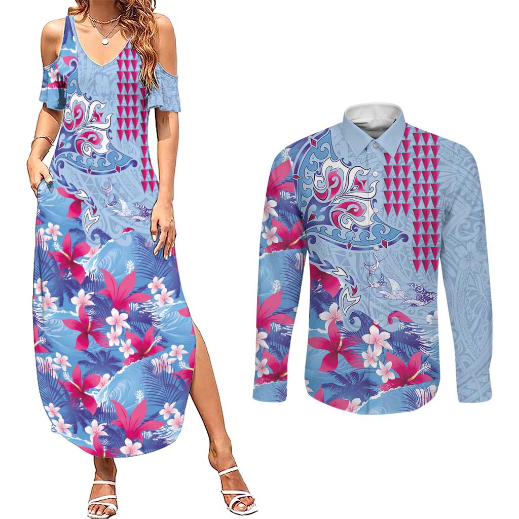Hawaiian Tribal Manta Ray Couples Matching Summer Maxi Dress and Long Sleeve Button Shirt Kakau Tattoo and Flowers Surfing Waves Pattern Soft Color