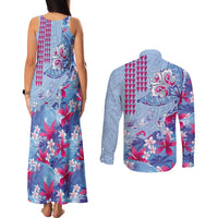Hawaiian Tribal Manta Ray Couples Matching Tank Maxi Dress and Long Sleeve Button Shirt Kakau Tattoo and Flowers Surfing Waves Pattern Soft Color LT03 - Polynesian Pride