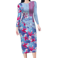 Hawaiian Tribal Manta Ray Family Matching Long Sleeve Bodycon Dress and Hawaiian Shirt Kakau Tattoo and Flowers Surfing Waves Pattern Soft Color LT03 Mom's Dress Multicolor - Polynesian Pride