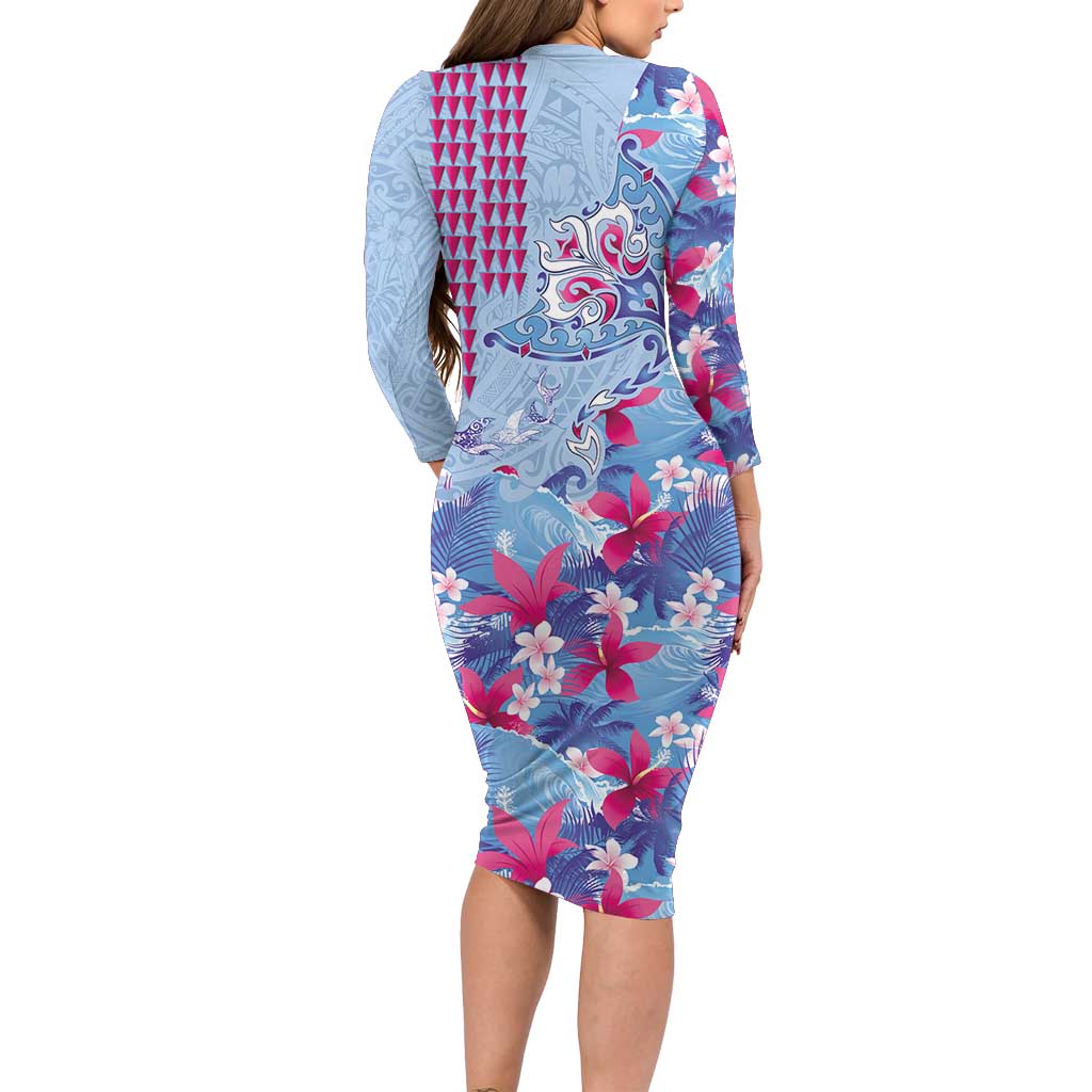 Hawaiian Tribal Manta Ray Family Matching Long Sleeve Bodycon Dress and Hawaiian Shirt Kakau Tattoo and Flowers Surfing Waves Pattern Soft Color LT03 - Polynesian Pride