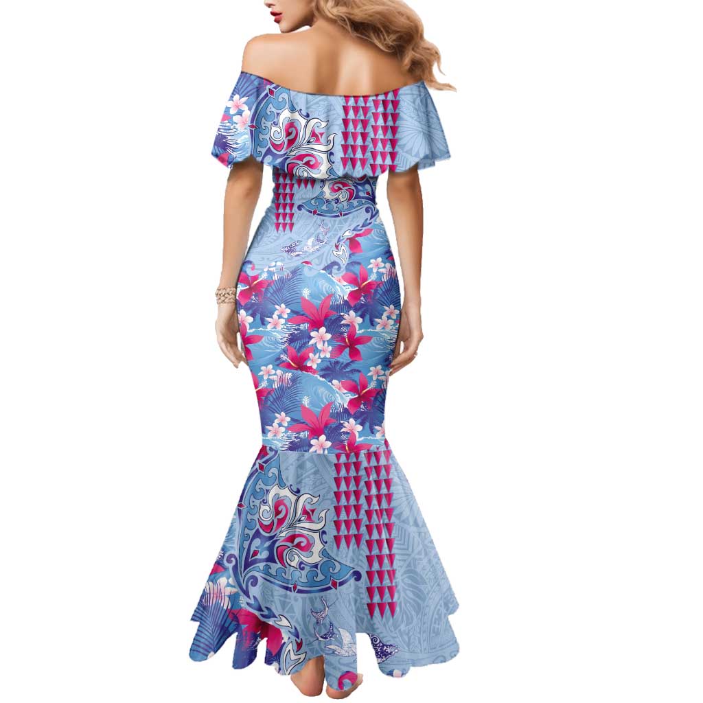 Hawaiian Tribal Manta Ray Family Matching Mermaid Dress and Hawaiian Shirt Kakau Tattoo and Flowers Surfing Waves Pattern Soft Color LT03 - Polynesian Pride