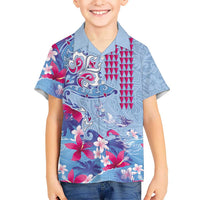 Hawaiian Tribal Manta Ray Family Matching Mermaid Dress and Hawaiian Shirt Kakau Tattoo and Flowers Surfing Waves Pattern Soft Color LT03 Son's Shirt Multicolor - Polynesian Pride