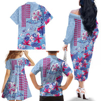 Hawaiian Tribal Manta Ray Family Matching Off The Shoulder Long Sleeve Dress and Hawaiian Shirt Kakau Tattoo and Flowers Surfing Waves Pattern Soft Color LT03 - Polynesian Pride