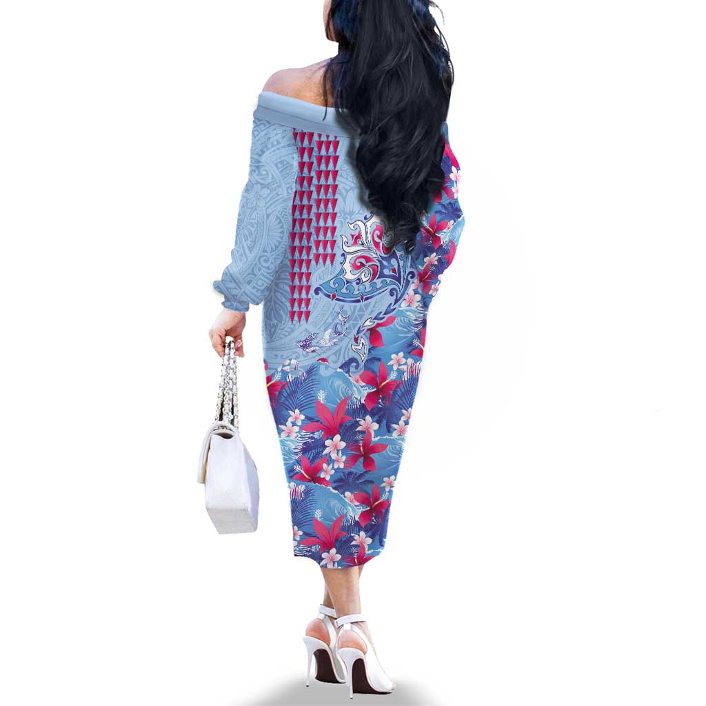 Hawaiian Tribal Manta Ray Family Matching Off The Shoulder Long Sleeve Dress and Hawaiian Shirt Kakau Tattoo and Flowers Surfing Waves Pattern Soft Color LT03 - Polynesian Pride