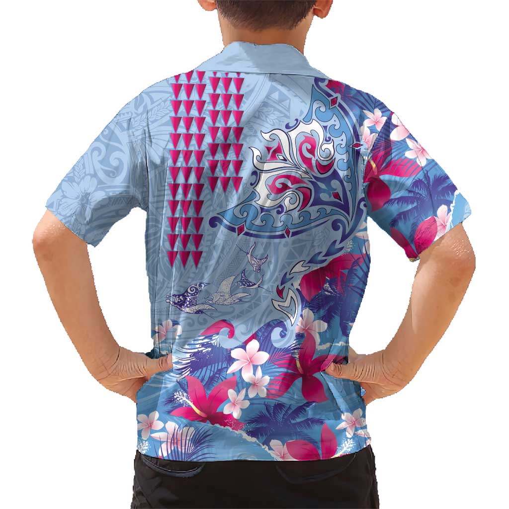 Hawaiian Tribal Manta Ray Family Matching Off Shoulder Maxi Dress and Hawaiian Shirt Kakau Tattoo and Flowers Surfing Waves Pattern Soft Color LT03 - Polynesian Pride