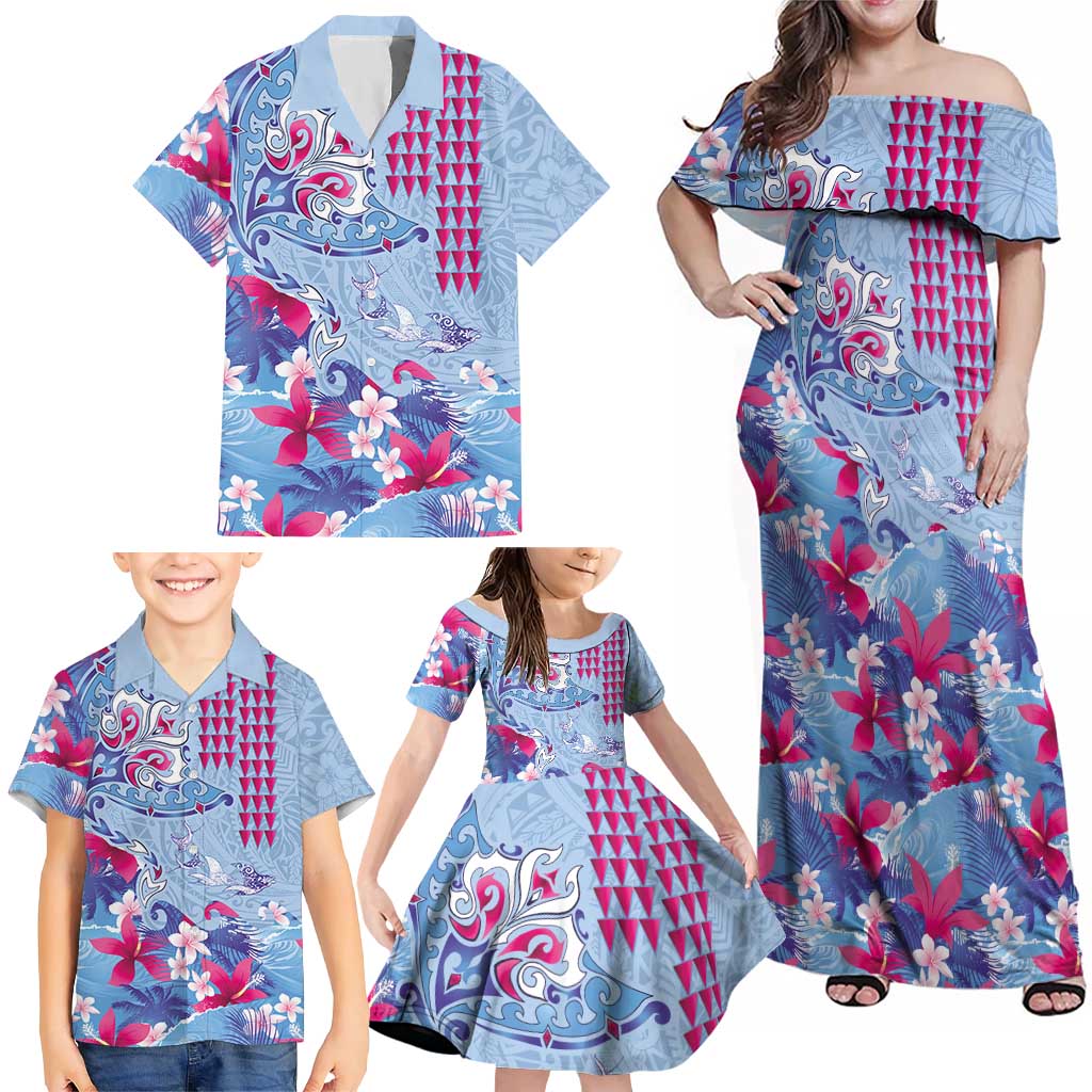 Hawaiian Tribal Manta Ray Family Matching Off Shoulder Maxi Dress and Hawaiian Shirt Kakau Tattoo and Flowers Surfing Waves Pattern Soft Color LT03 - Polynesian Pride
