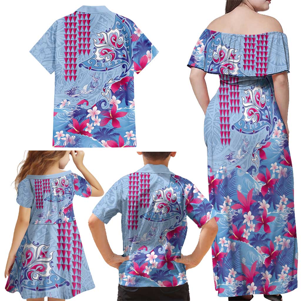 Hawaiian Tribal Manta Ray Family Matching Off Shoulder Maxi Dress and Hawaiian Shirt Kakau Tattoo and Flowers Surfing Waves Pattern Soft Color LT03 - Polynesian Pride