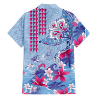 Hawaiian Tribal Manta Ray Family Matching Off Shoulder Maxi Dress and Hawaiian Shirt Kakau Tattoo and Flowers Surfing Waves Pattern Soft Color LT03 - Polynesian Pride