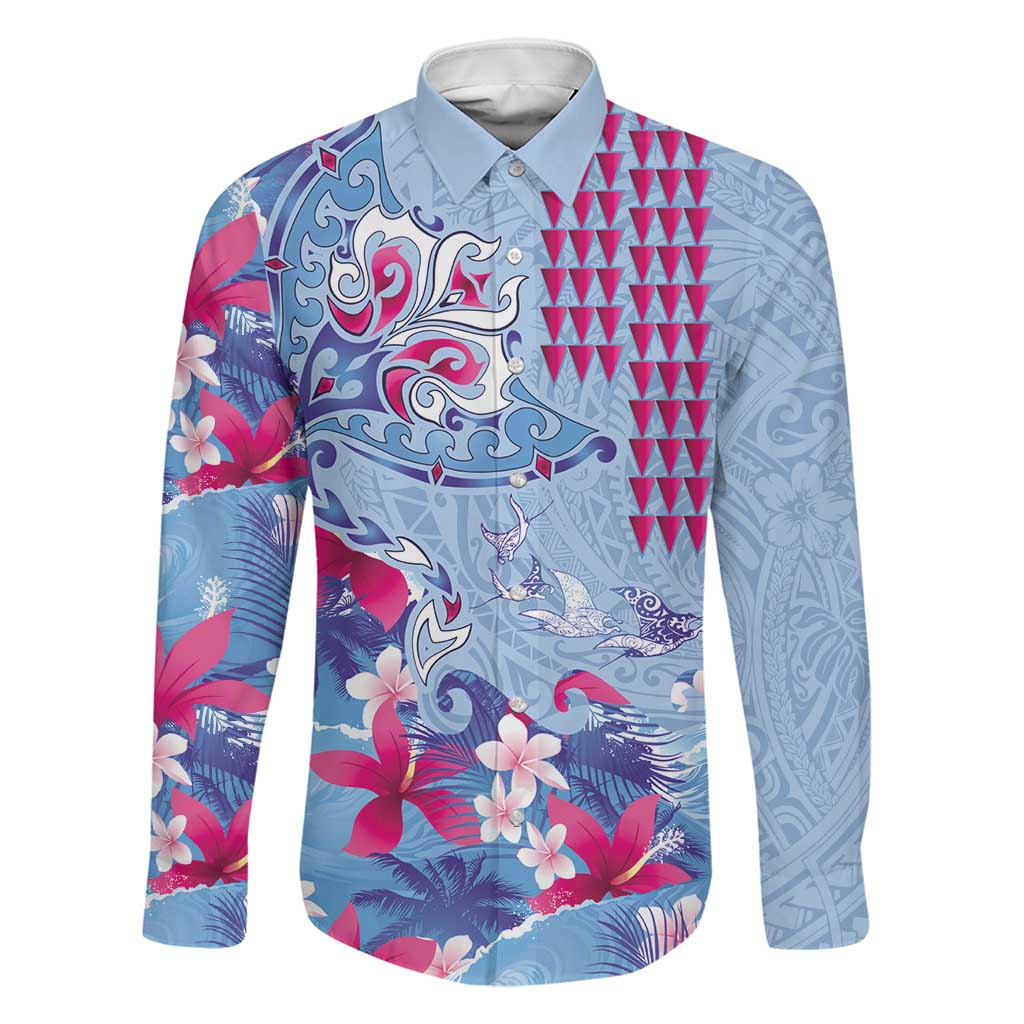 Hawaiian Tribal Manta Ray Family Matching Off Shoulder Maxi Dress and Hawaiian Shirt Kakau Tattoo and Flowers Surfing Waves Pattern Soft Color LT03 Dad's Shirt - Long Sleeve Multicolor - Polynesian Pride