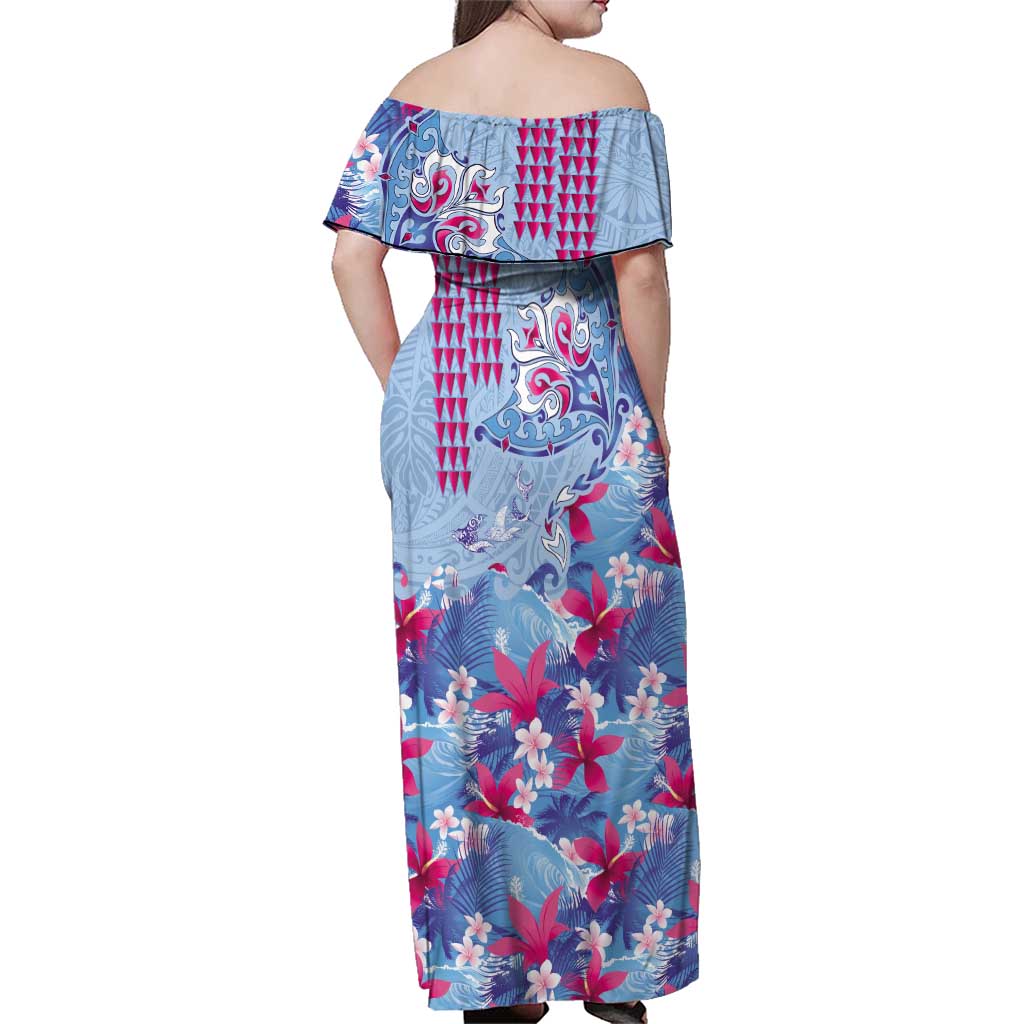 Hawaiian Tribal Manta Ray Family Matching Off Shoulder Maxi Dress and Hawaiian Shirt Kakau Tattoo and Flowers Surfing Waves Pattern Soft Color LT03 - Polynesian Pride