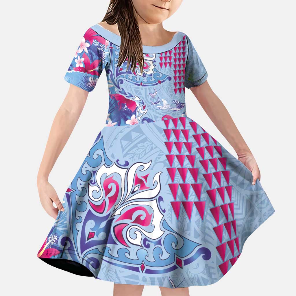 Hawaiian Tribal Manta Ray Family Matching Off Shoulder Short Dress and Hawaiian Shirt Kakau Tattoo and Flowers Surfing Waves Pattern Soft Color LT03 Daughter's Dress Multicolor - Polynesian Pride