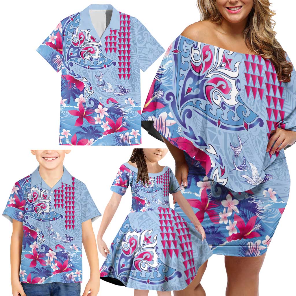Hawaiian Tribal Manta Ray Family Matching Off Shoulder Short Dress and Hawaiian Shirt Kakau Tattoo and Flowers Surfing Waves Pattern Soft Color