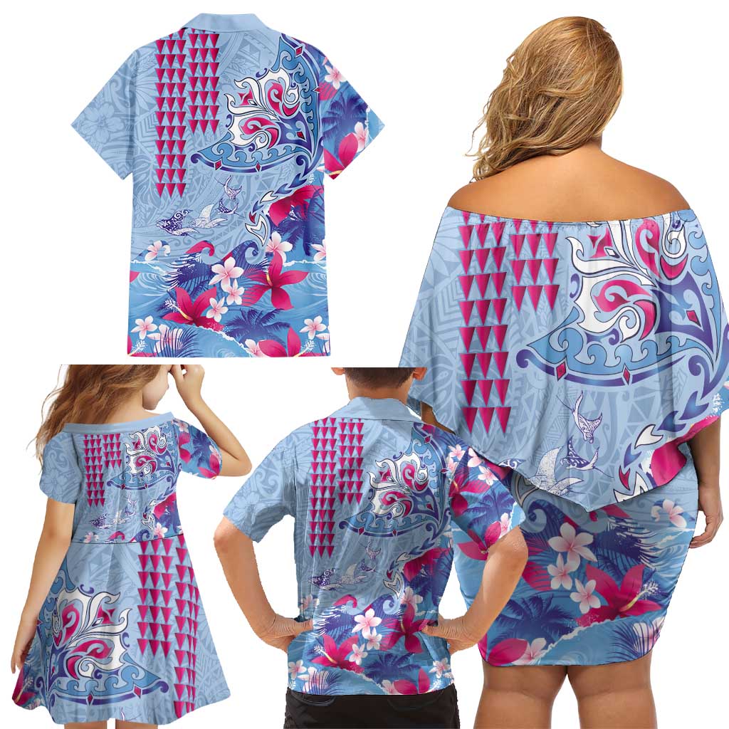 Hawaiian Tribal Manta Ray Family Matching Off Shoulder Short Dress and Hawaiian Shirt Kakau Tattoo and Flowers Surfing Waves Pattern Soft Color LT03 - Polynesian Pride