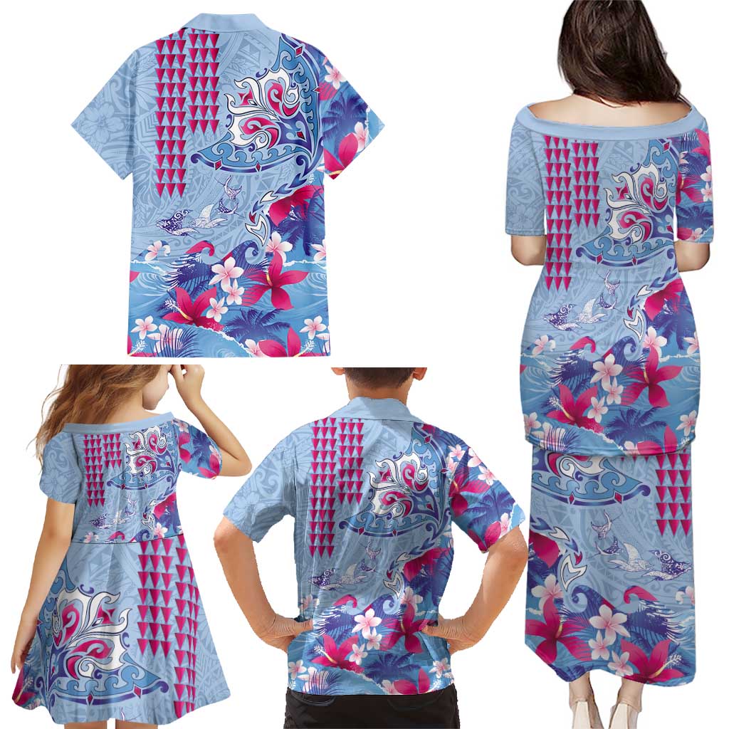Hawaiian Tribal Manta Ray Family Matching Puletasi and Hawaiian Shirt Kakau Tattoo and Flowers Surfing Waves Pattern Soft Color LT03 - Polynesian Pride