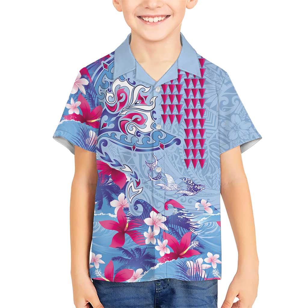 Hawaiian Tribal Manta Ray Family Matching Puletasi and Hawaiian Shirt Kakau Tattoo and Flowers Surfing Waves Pattern Soft Color LT03 Son's Shirt Multicolor - Polynesian Pride