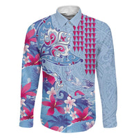 Hawaiian Tribal Manta Ray Family Matching Short Sleeve Bodycon Dress and Hawaiian Shirt Kakau Tattoo and Flowers Surfing Waves Pattern Soft Color LT03 Dad's Shirt - Long Sleeve Multicolor - Polynesian Pride