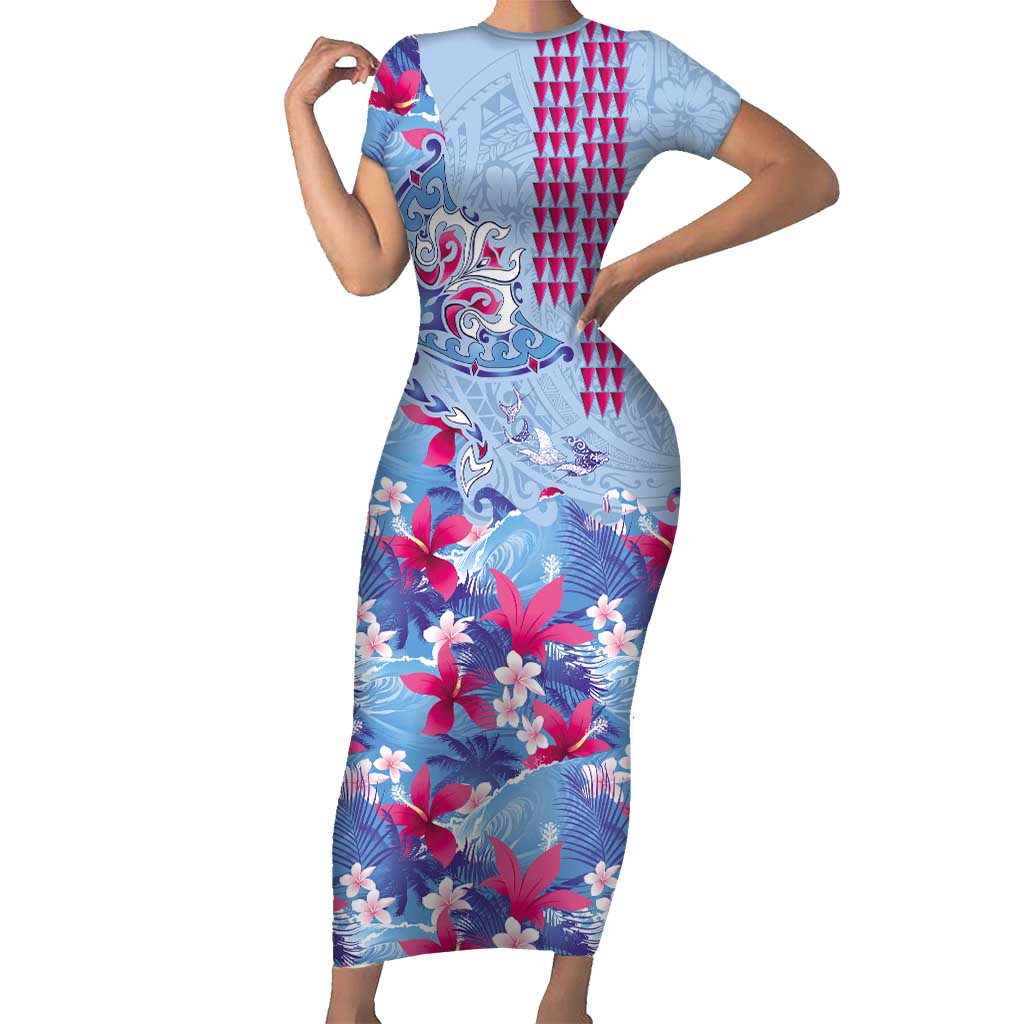 Hawaiian Tribal Manta Ray Family Matching Short Sleeve Bodycon Dress and Hawaiian Shirt Kakau Tattoo and Flowers Surfing Waves Pattern Soft Color LT03 Mom's Dress Multicolor - Polynesian Pride