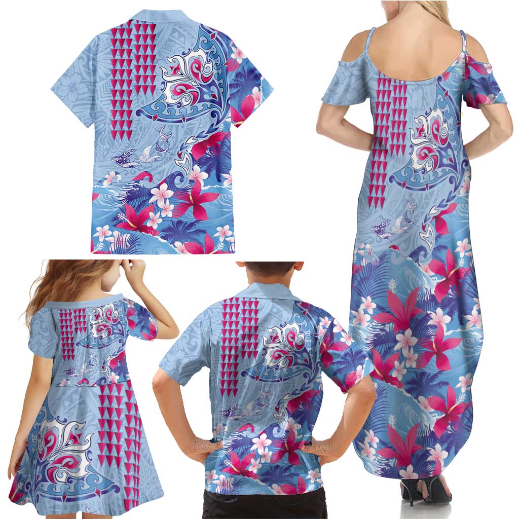 Hawaiian Tribal Manta Ray Family Matching Summer Maxi Dress and Hawaiian Shirt Kakau Tattoo and Flowers Surfing Waves Pattern Soft Color LT03 - Polynesian Pride