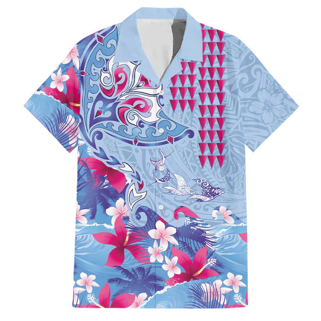 Hawaiian Tribal Manta Ray Family Matching Summer Maxi Dress and Hawaiian Shirt Kakau Tattoo and Flowers Surfing Waves Pattern Soft Color LT03 Dad's Shirt - Short Sleeve Multicolor - Polynesian Pride