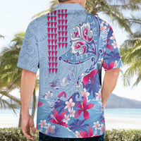 Hawaiian Tribal Manta Ray Hawaiian Shirt Kakau Tattoo and Flowers Surfing Waves Pattern Soft Color