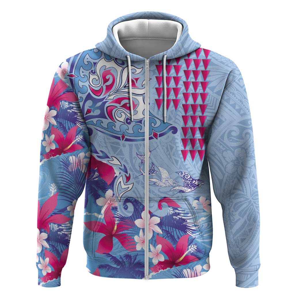 Hawaiian Tribal Manta Ray Hoodie Kakau Tattoo and Flowers Surfing Waves Pattern Soft Color