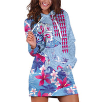 Hawaiian Tribal Manta Ray Hoodie Dress Kakau Tattoo and Flowers Surfing Waves Pattern Soft Color LT03 Multicolor - Polynesian Pride