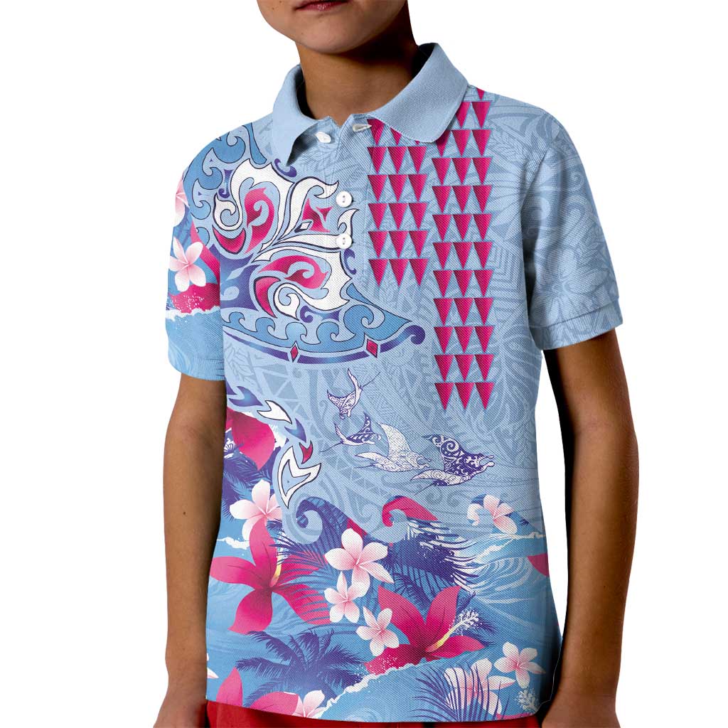 Hawaiian Tribal Manta Ray Kid Polo Shirt Kakau Tattoo and Flowers Surfing Waves Pattern Soft Color